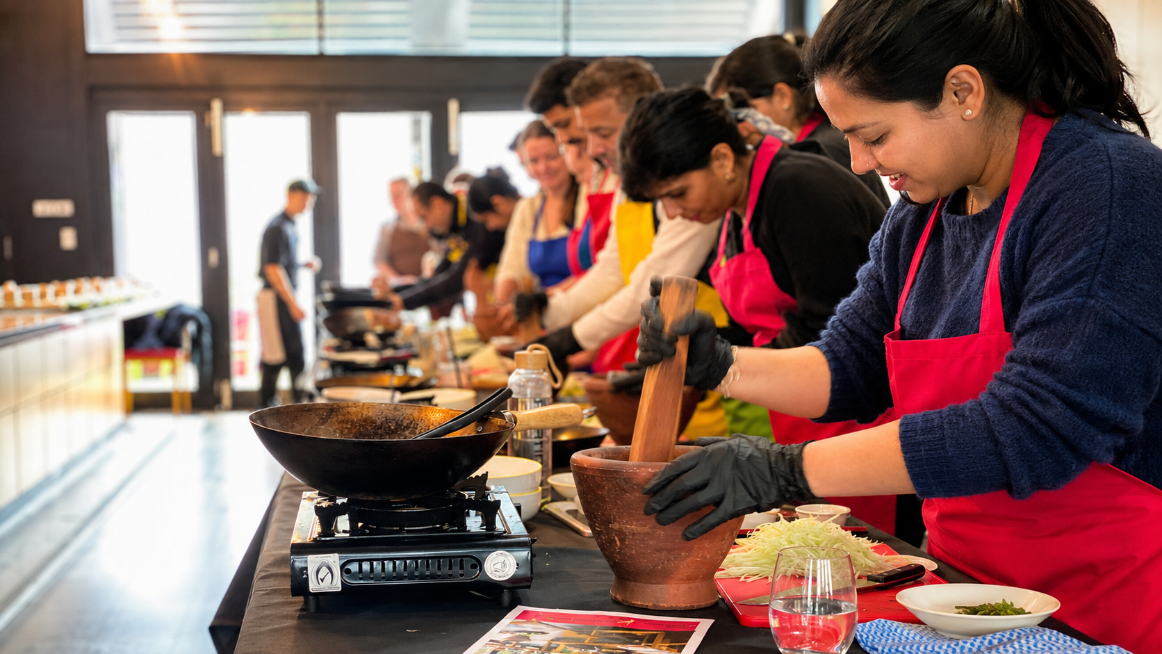 Guests taking part in a hands-on Thai cooking class at BangPop
