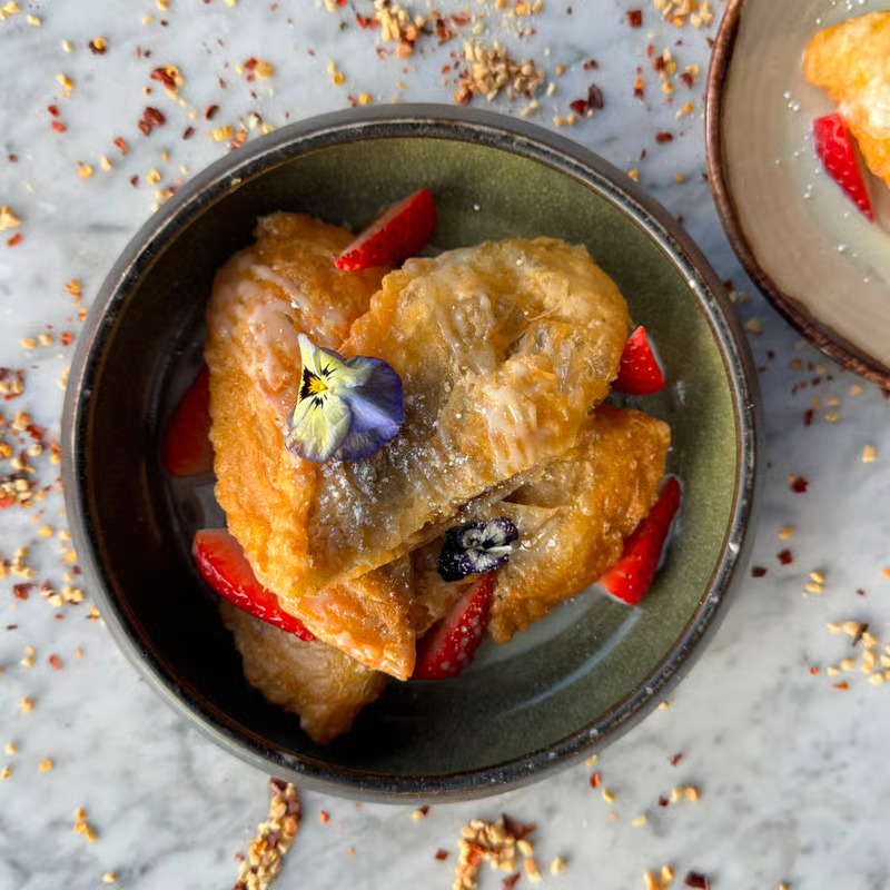 Crispy Thai banana roti with strawberries
