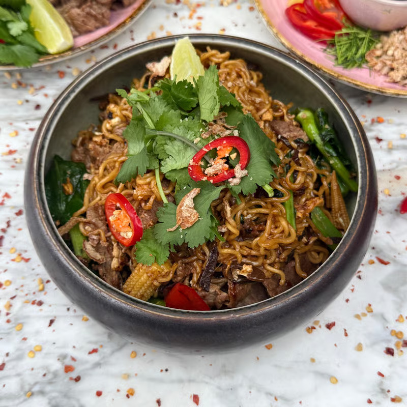 Pad Mama Neua Wua noodles with beef, herbs and chilli